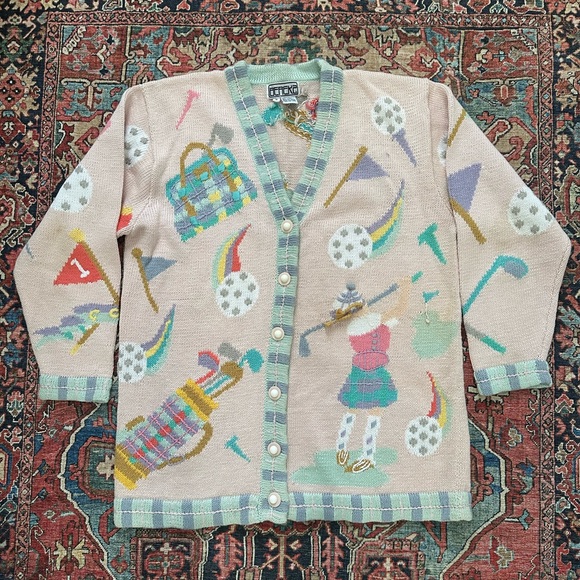 berek Sweaters - Vintage Berek 2 3D Knit Golf Cardigan Sweater Women’s M, Novelty Whimsical